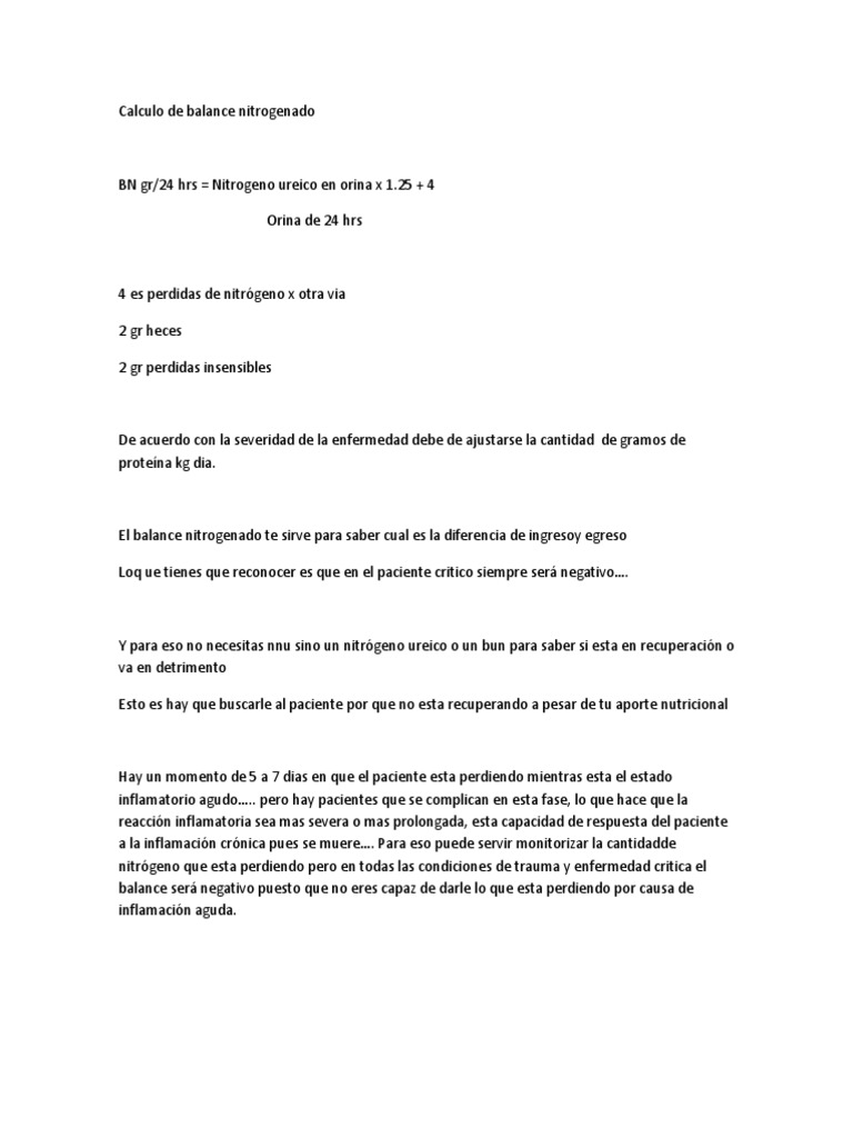 Calculo De Balance Nitrogenado