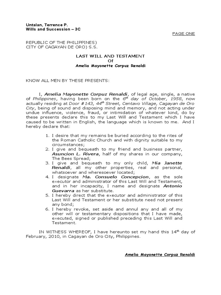 Wills Sample of Notarial Will Will And Testament Property Law