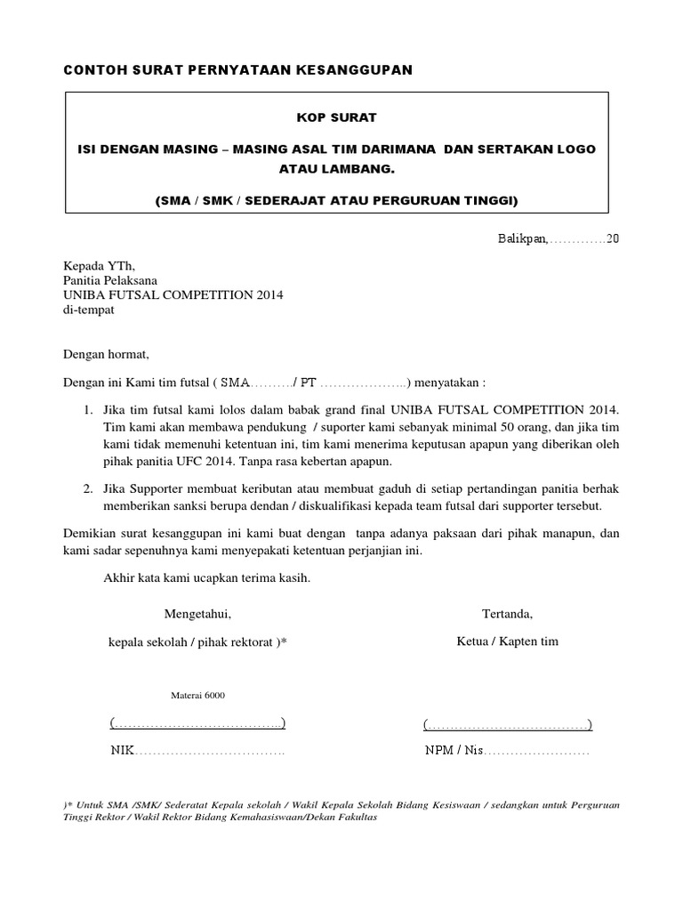Contoh Surat Pernyataan Futsal Giat Belajar
