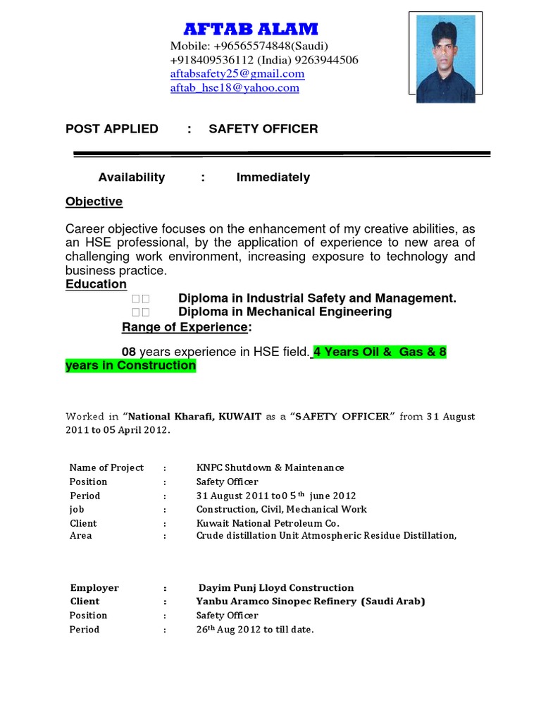 Hse Officer Cv Safety Personal Protective Equipment