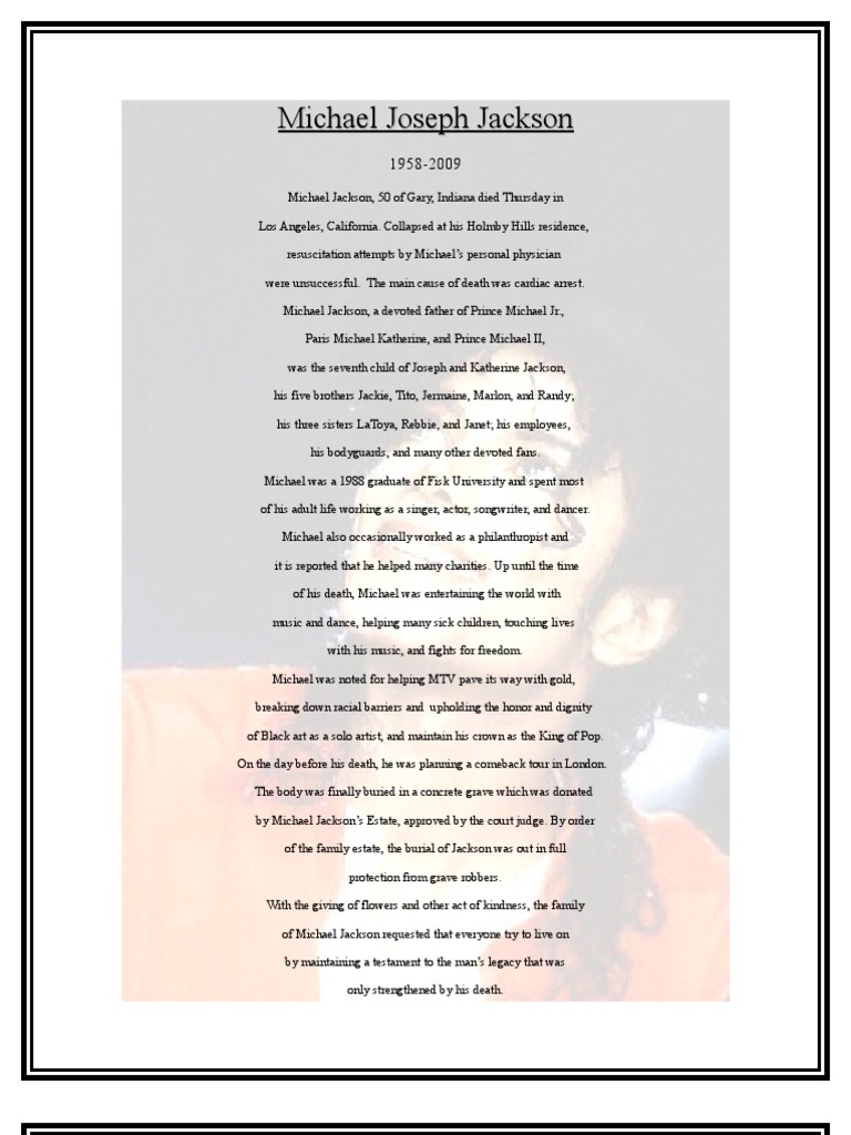Michael Joseph Jackson Obituary PDF Michael Jackson African