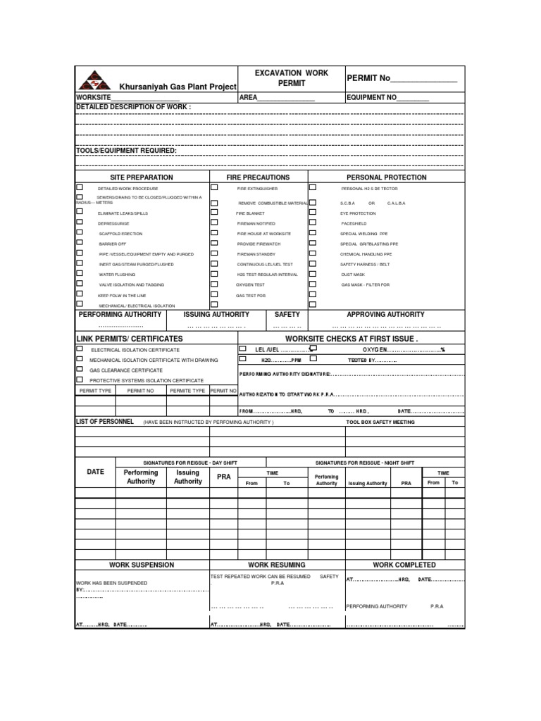 Excavation Work Permit Template | PDF