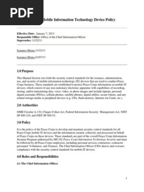 Peace Corps Mobile Information Technology Device Policy 2013