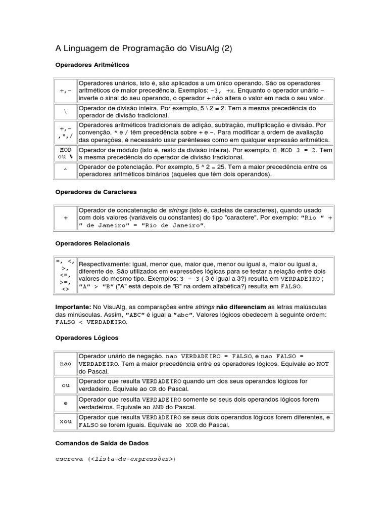 A Linguagem de Programação Do VisuAlg | PDF | Aritmética | Número real
