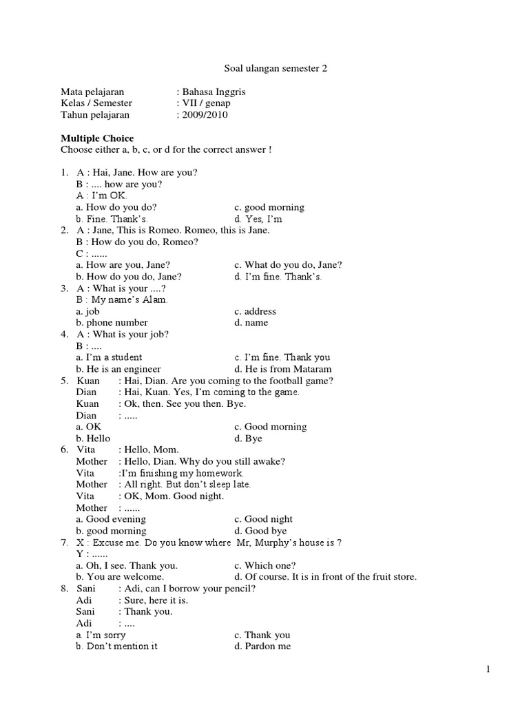 50 Contoh Soal Bahasa Inggris Kelas 7