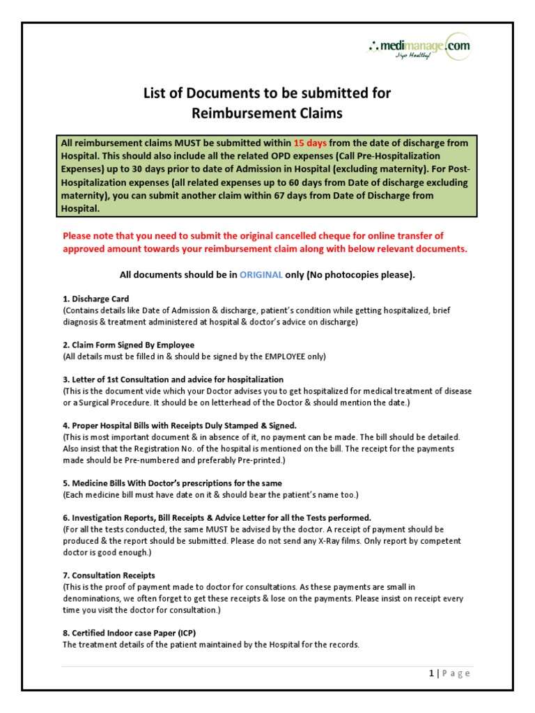 List of Documents For The Submission For Reimbursement Claims Updated