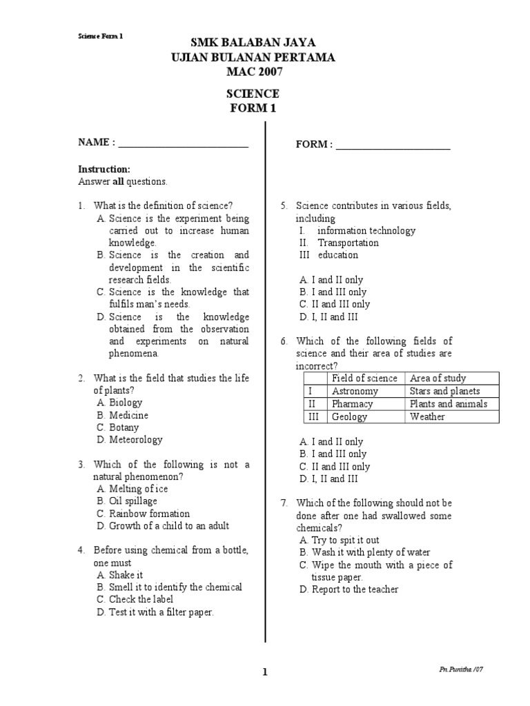 Science Form 1 Exam Questions | PDF | Weighing Scale | Measurement