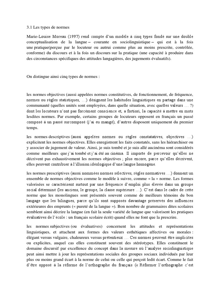 Types de normes linguistiques selon Moreau | PDF | Langue française ...