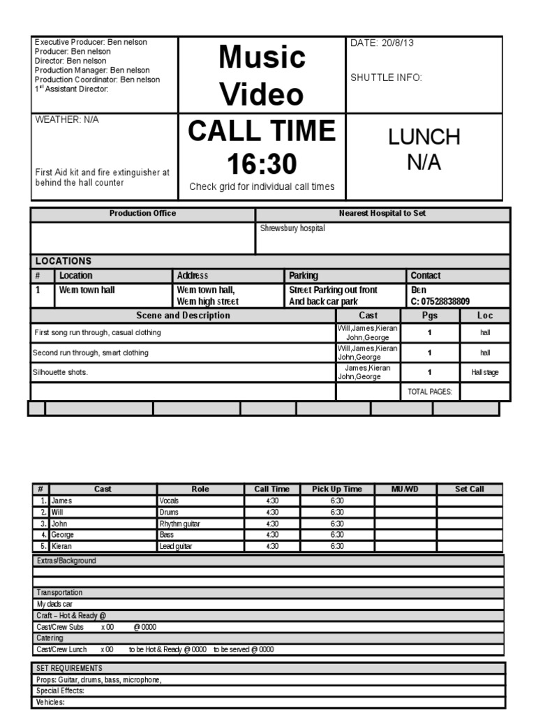 Production Office Details and Call Sheet | PDF