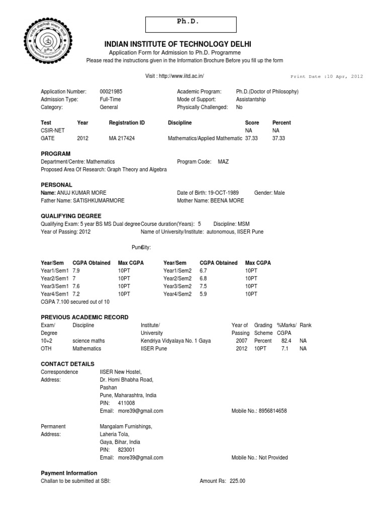 IIT Delhi Ph.D. Admission Application Form | PDF | Business | Art