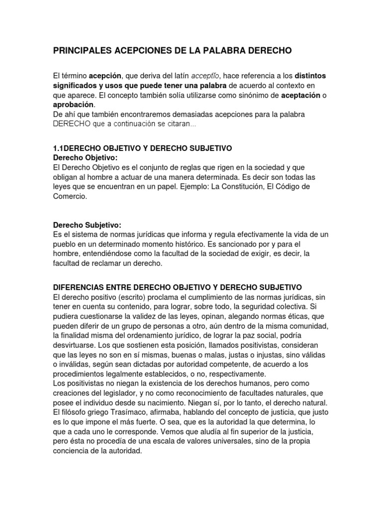 Principales Acepciones De La Palabra Derecho