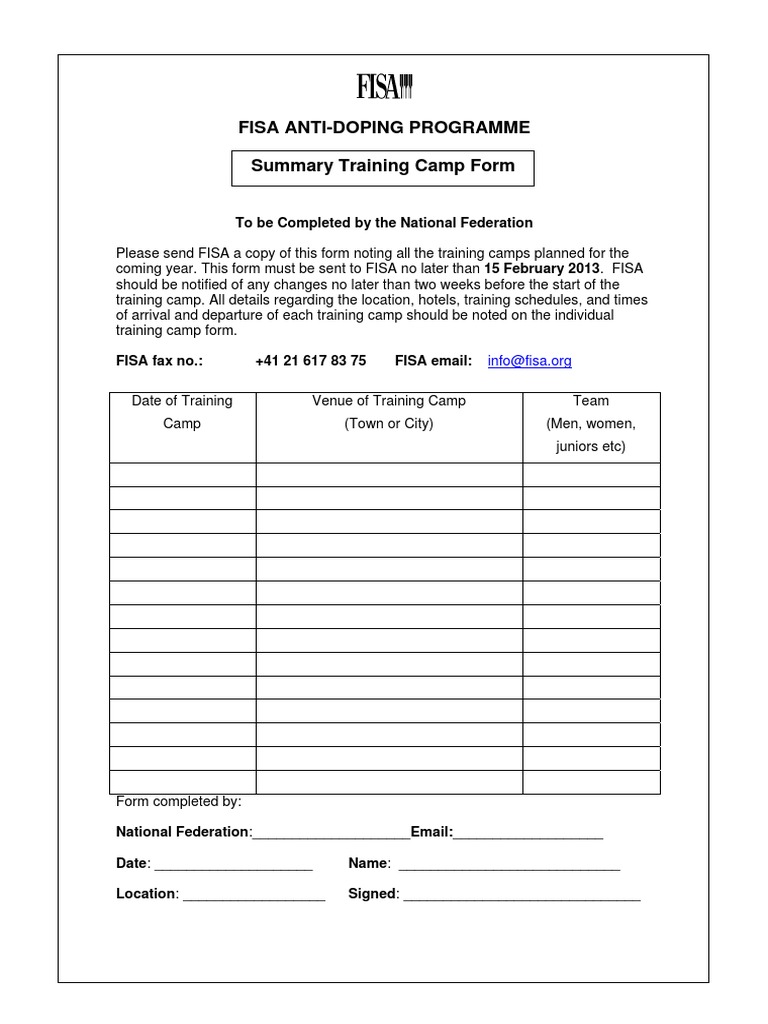 FISA Anti-Doping Training Camp Form | PDF