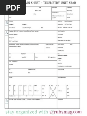 Nurse Brain Sheet Telemetry Unit SBAR BLANK