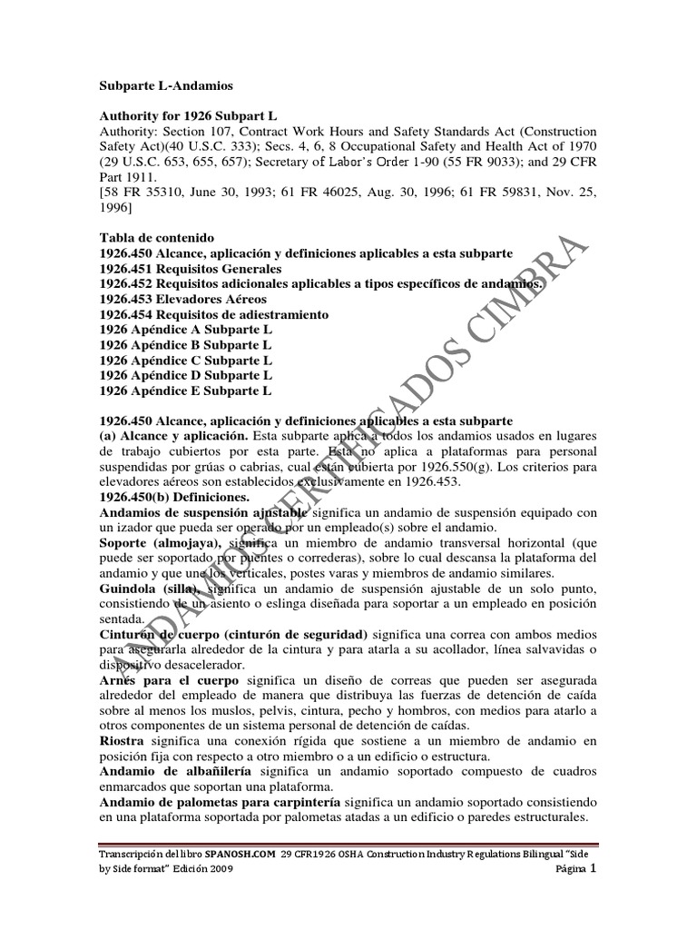 Norma Osha 1926 Subparte L Español PDF | PDF | Andamio | Máquina elevadora