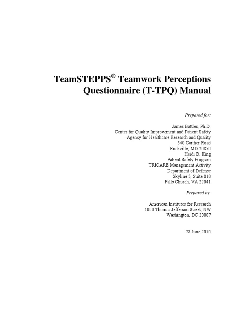 Teamstepps Teamwork Perceptions Questionnaire (T-TPQ) Manual | PDF ...