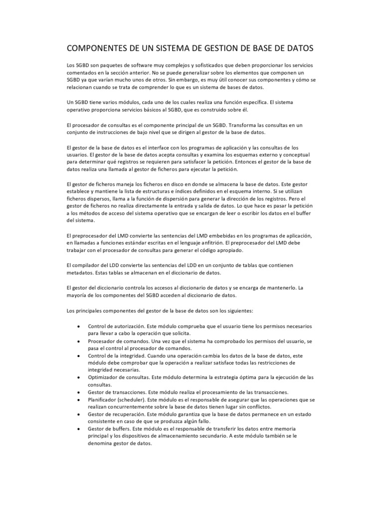 Componentes de Un Sistema de Gestion de Base de Datos | PDF