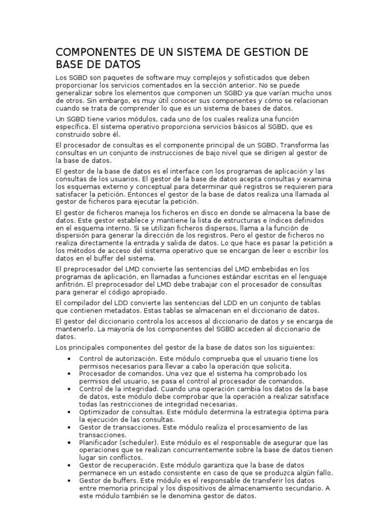Componentes de Un Sistema de Gestion de Base de Datos | PDF | Informática