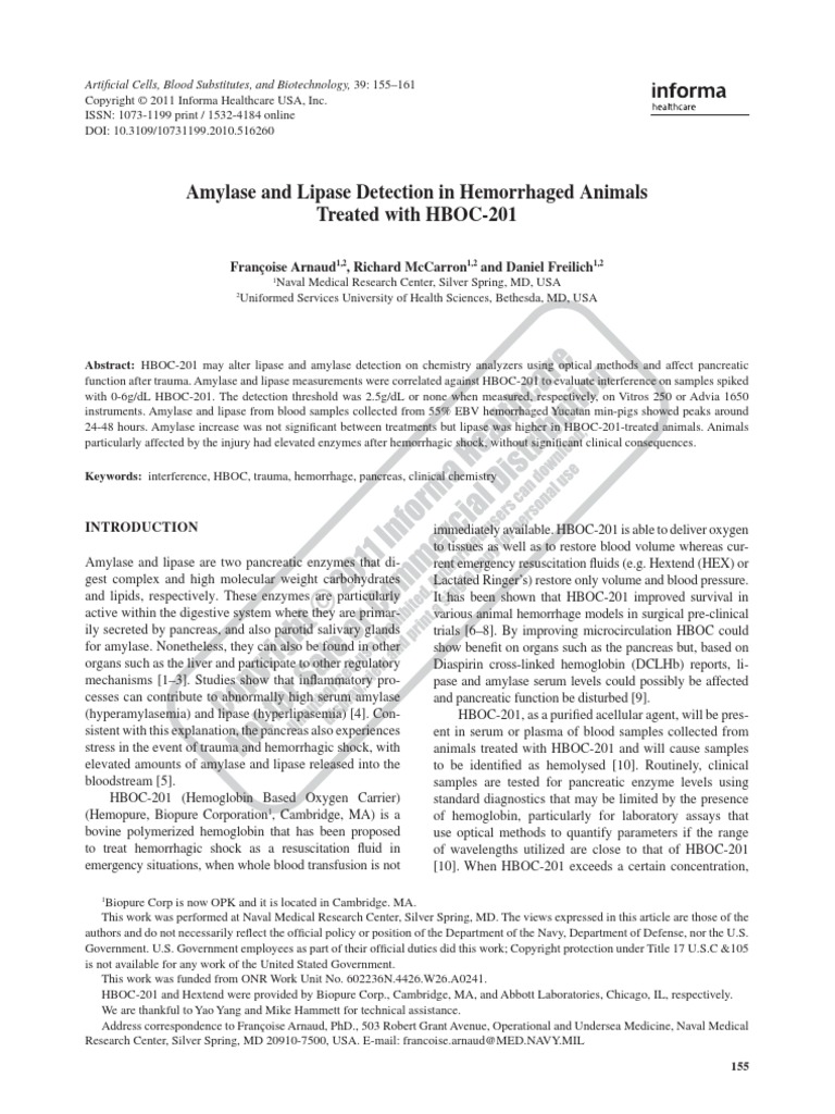 Amylase and Lipase Detection in Hemorrhaged Animals Treated With HBOC ...
