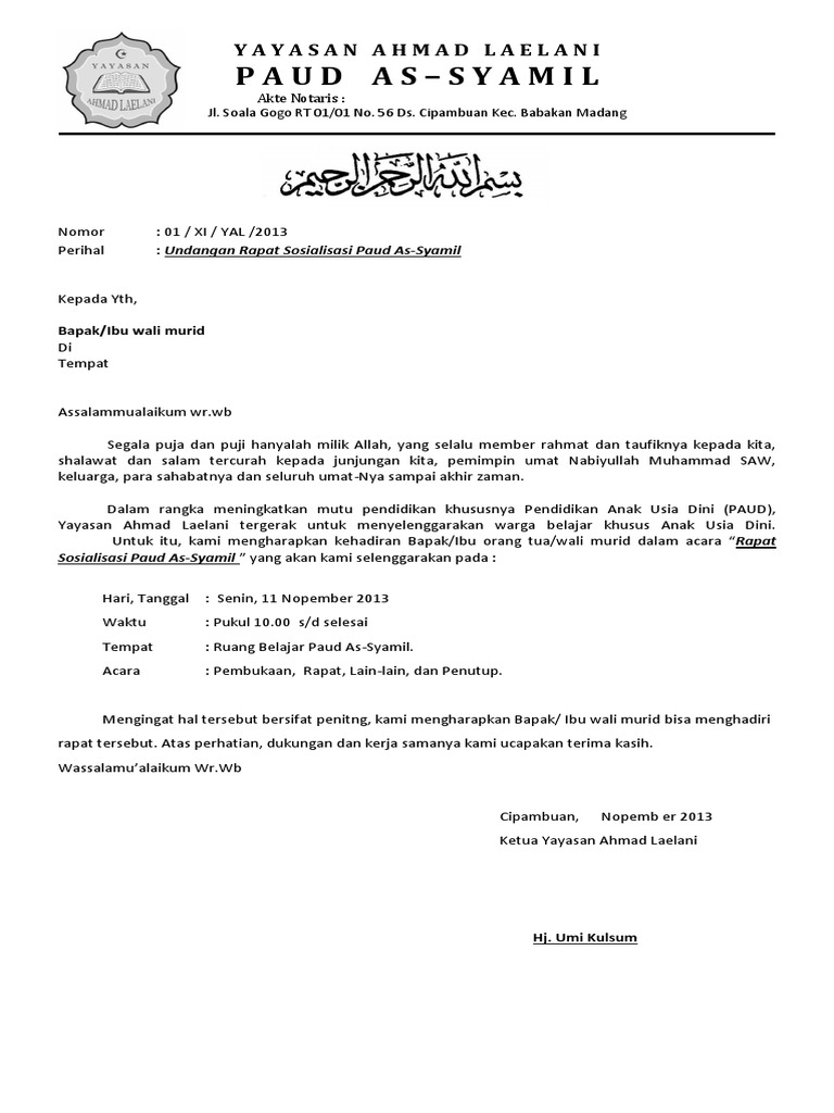 Contoh Surat Undangan Rapat Sekolah Paud