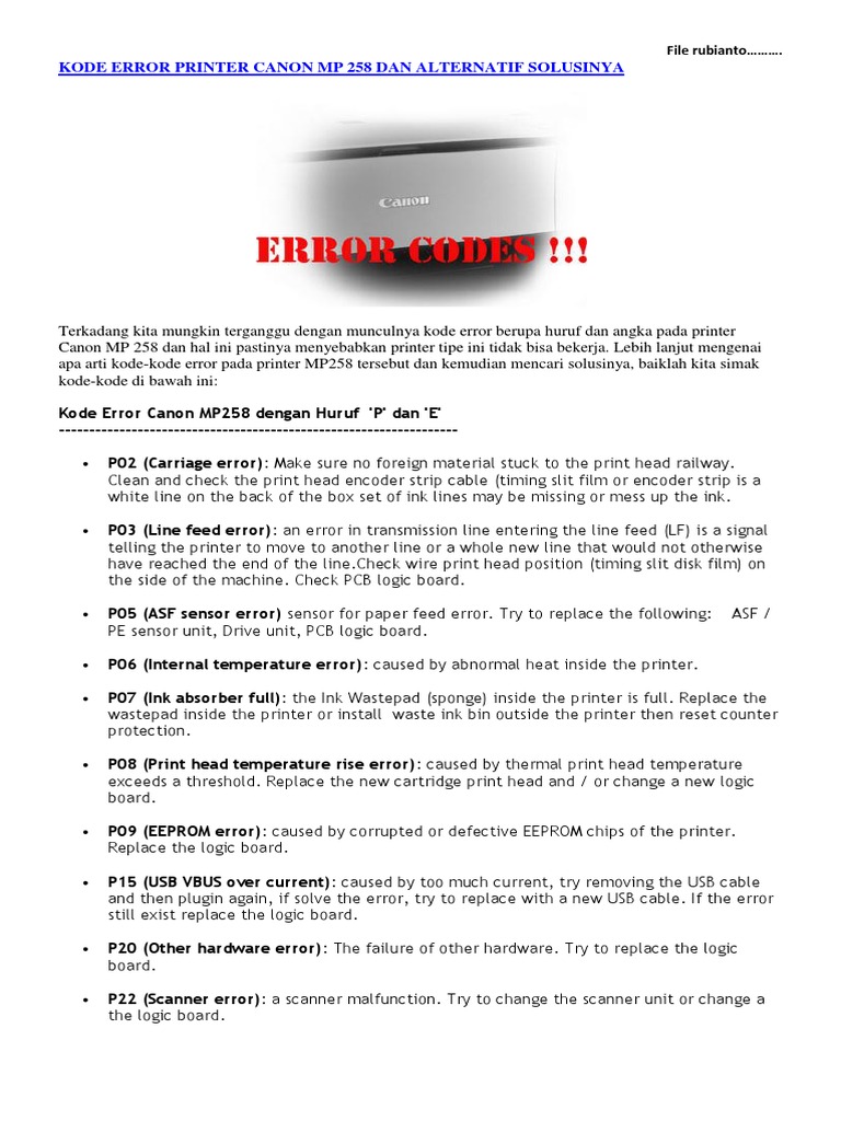 Canon MP258 Error Codes and Solutions | PDF | Printer (Computing ...