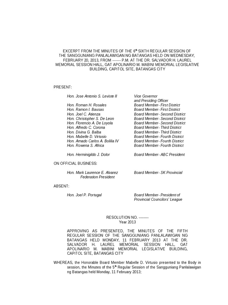 Resolution approval of minutes Government Institutions Government