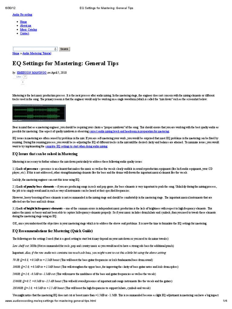 EQ Settings For Mastering - General Tips | PDF | Equalization (Audio ...