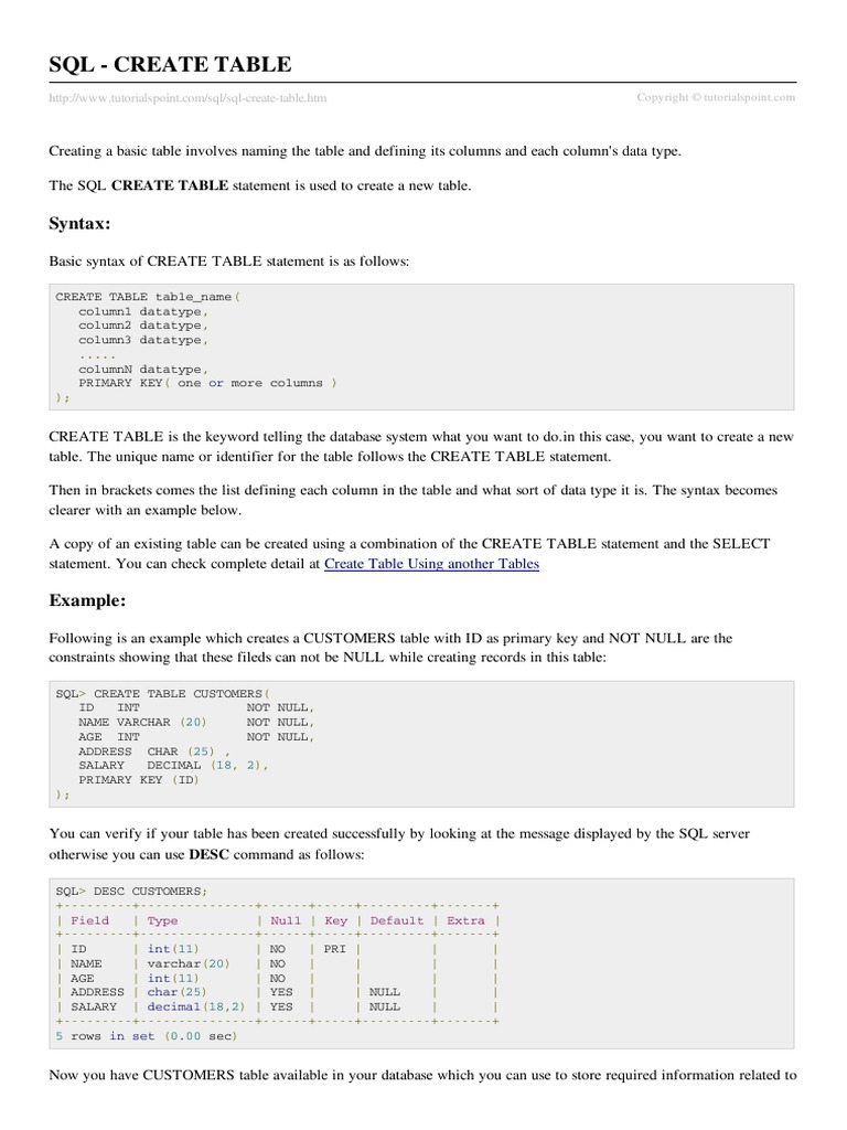 SQL Create Table | PDF