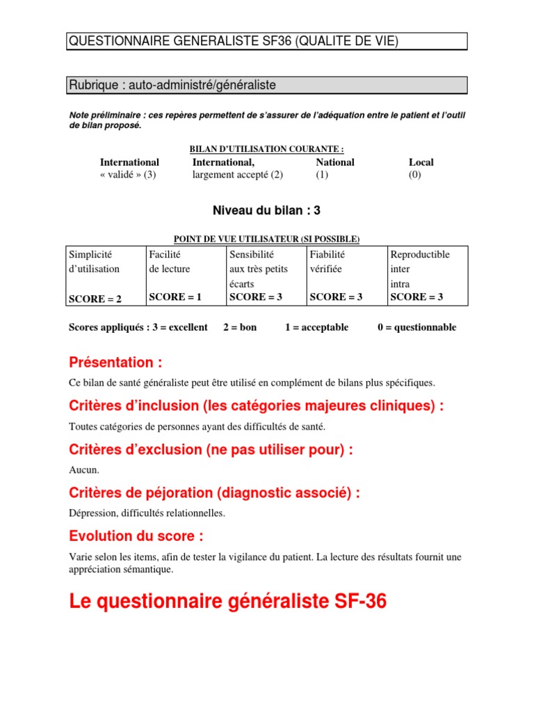 Questionnaire SF-36 sur la qualité de vie | PDF | Bien-être | Médical