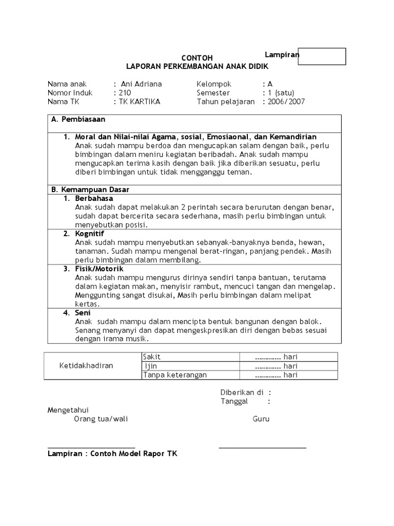 Contoh Laporan Perkembangan Anak Didik