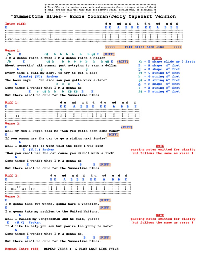 Summertime Blues Eddie Cochran Chords Tab Pdf Entertainment General