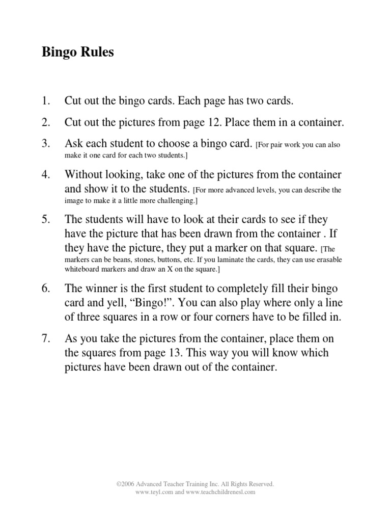 Bingo Rules: ©2006 Advanced Teacher Training Inc. All Rights Reserved ...