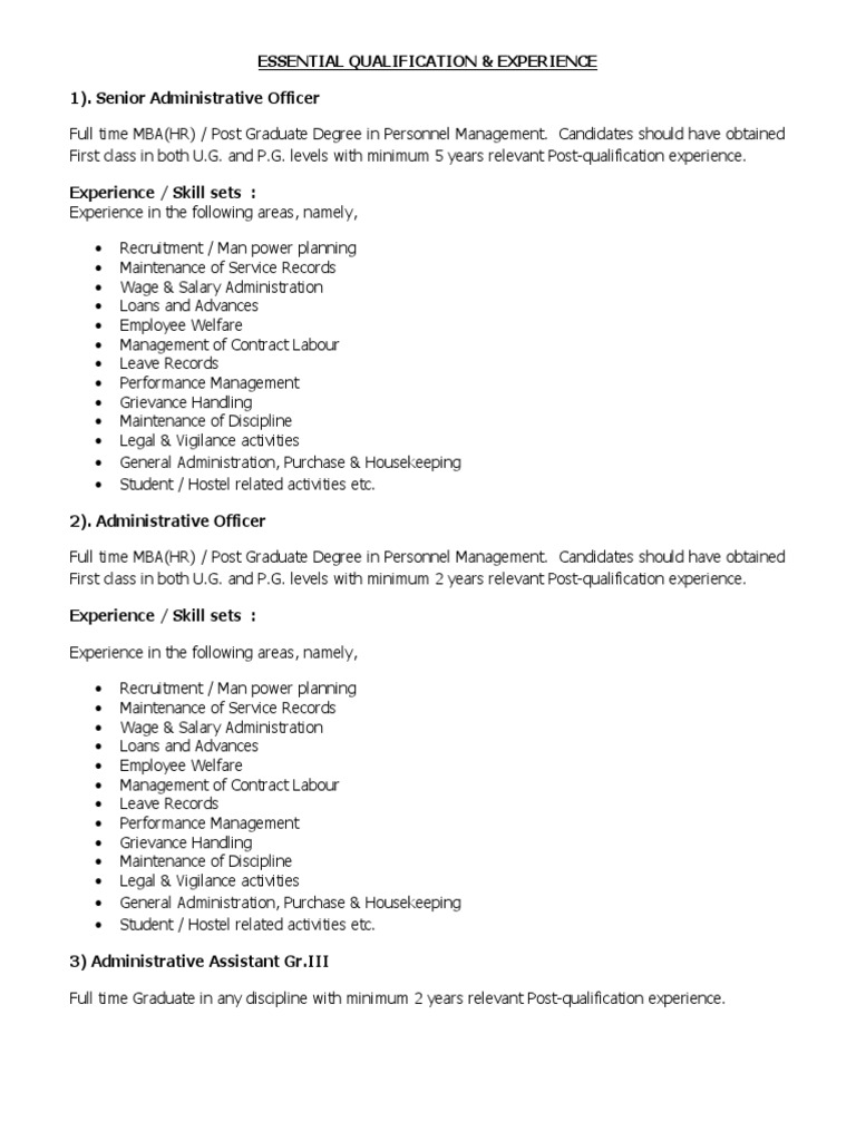 Essential Qualification & Experience 1) - Senior Administrative Officer ...