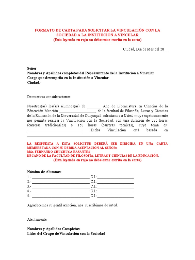 Carta Modelo Para Solicitar La Vinculacion