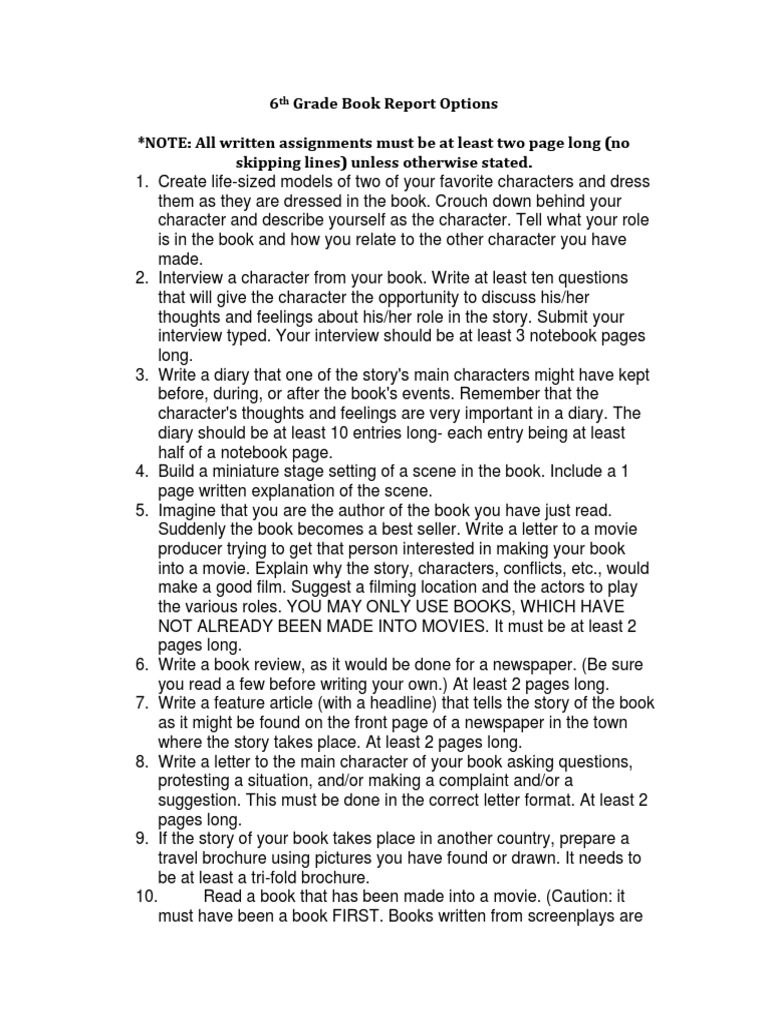 parts of a book report 6th grade