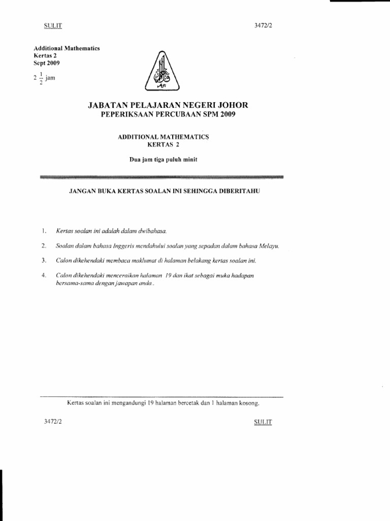 SPM 2009 Additional Mathematics Paper 2 | PDF