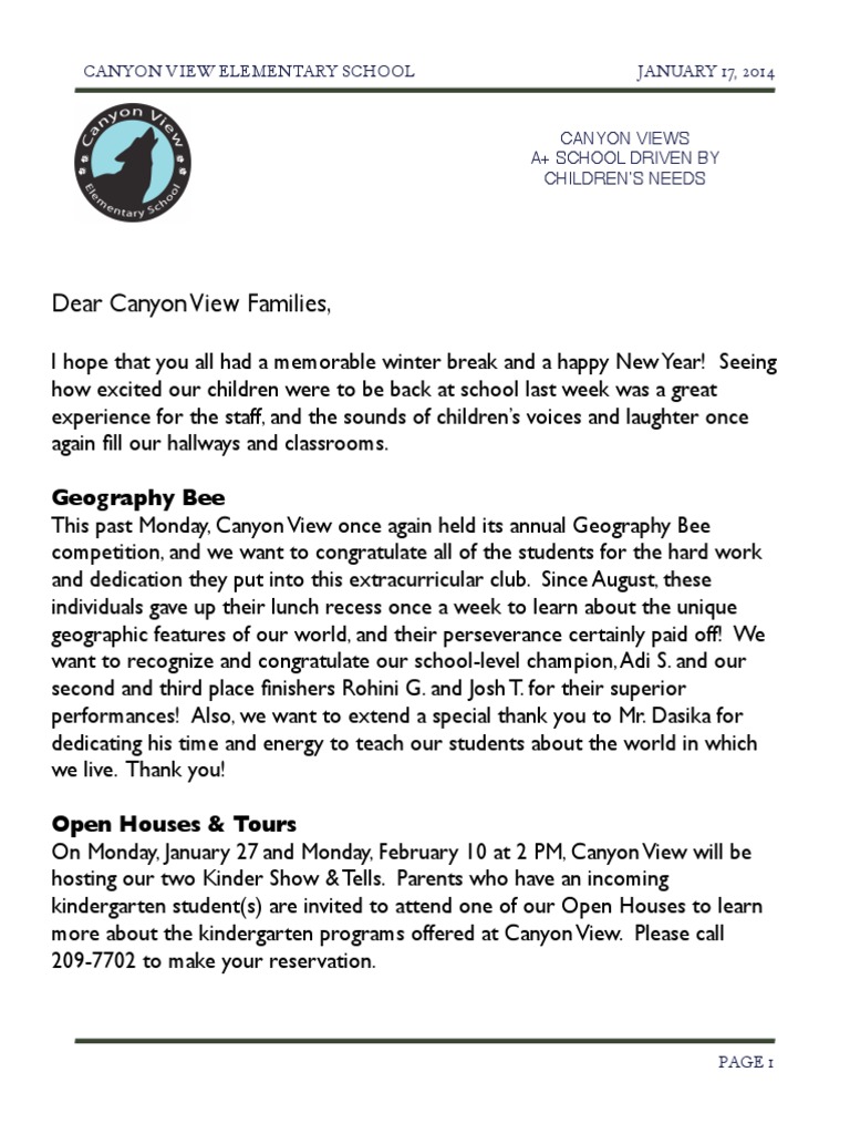Dear Canyon View Families, Geography Bee PDF Schools