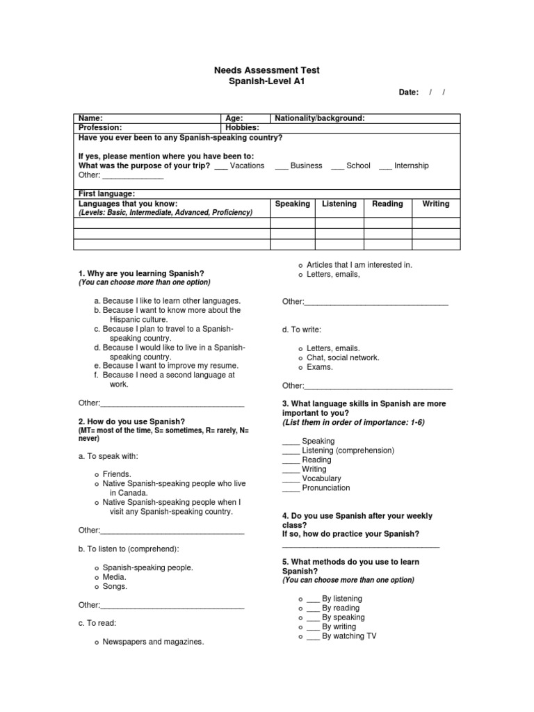 Needs Assessment Test Spanish Language Reading Comprehension Free 30day Trial Scribd