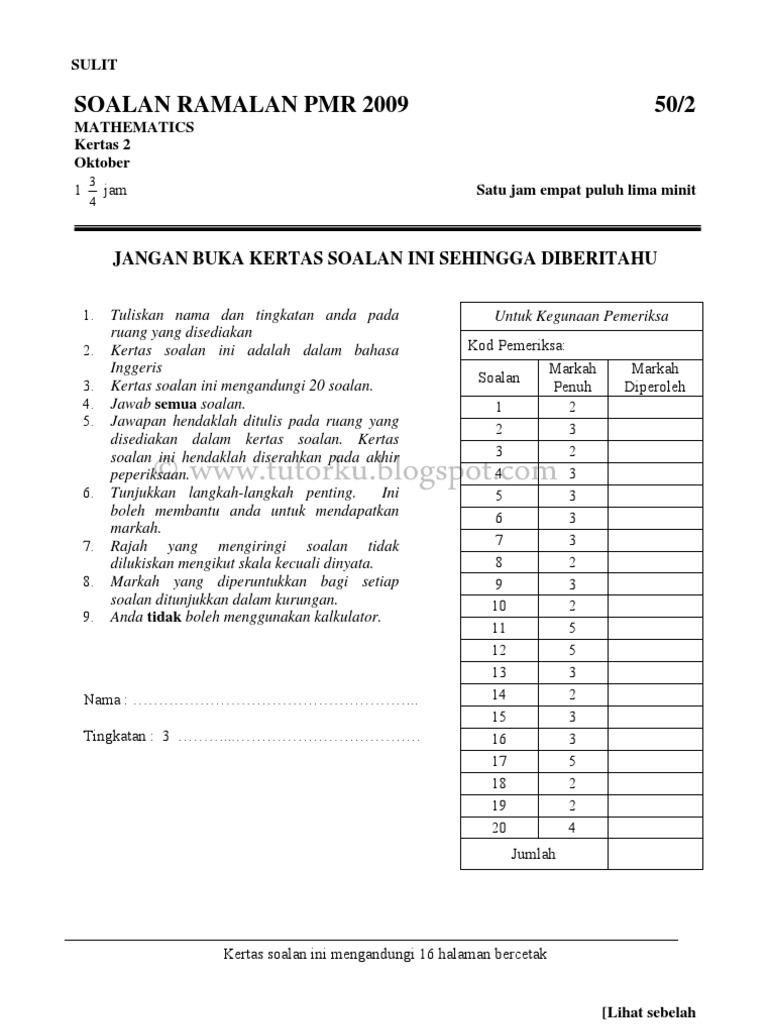 Soalan Ramalan Mathematics PMR 2009 Paper 2  Area 