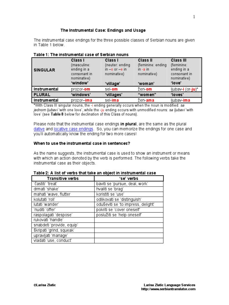 Serbian Instrumental Case PDF Grammatical Gender Preposition And