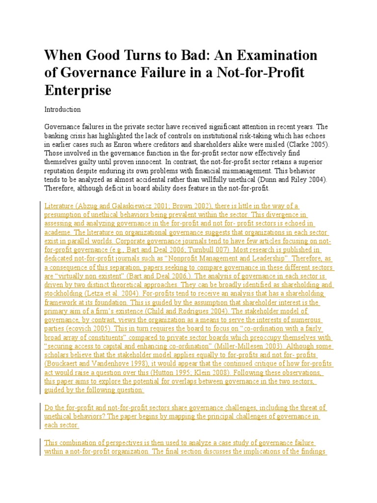 Governance Failures in Not-for-Profits | PDF | Corporate Governance ...