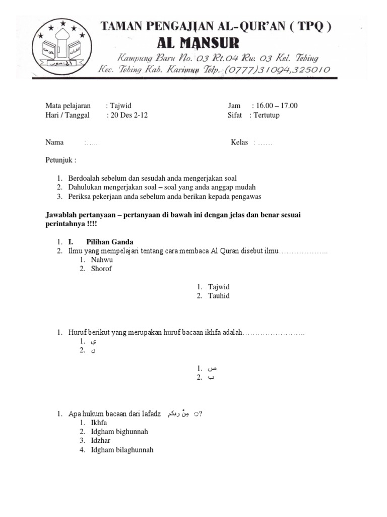 Soal ujian tajwid.docx