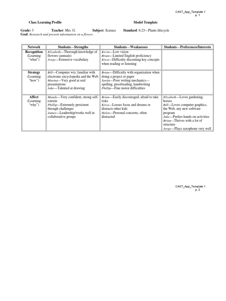 Class Profile Template | Visual Impairment | Vocabulary