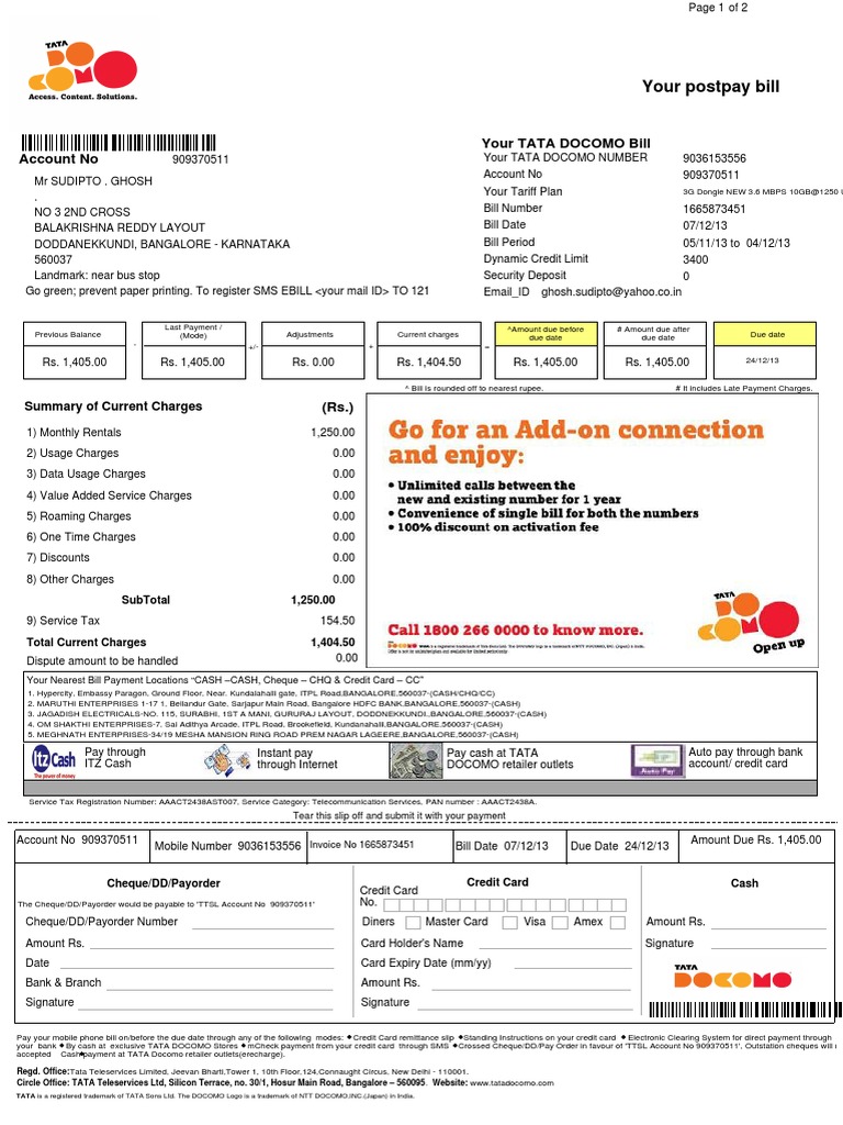 Tata DEC 2013 Cheque Invoice