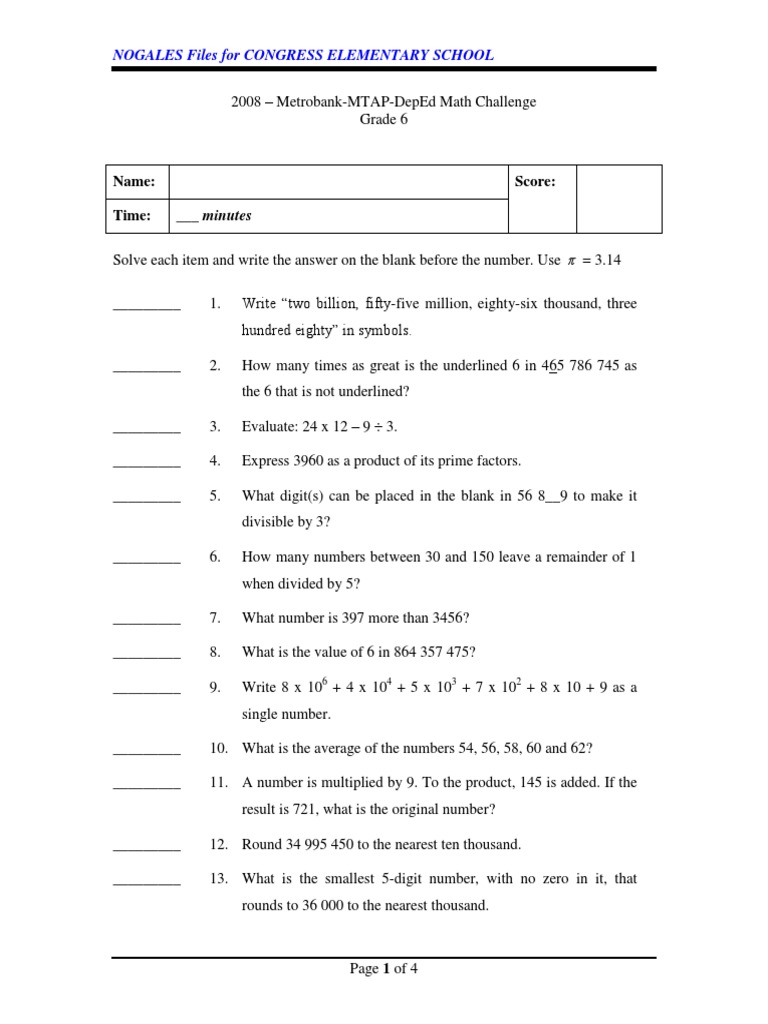 Grade 6 Mtap Elimination 2008 Pdf Fraction Mathematics