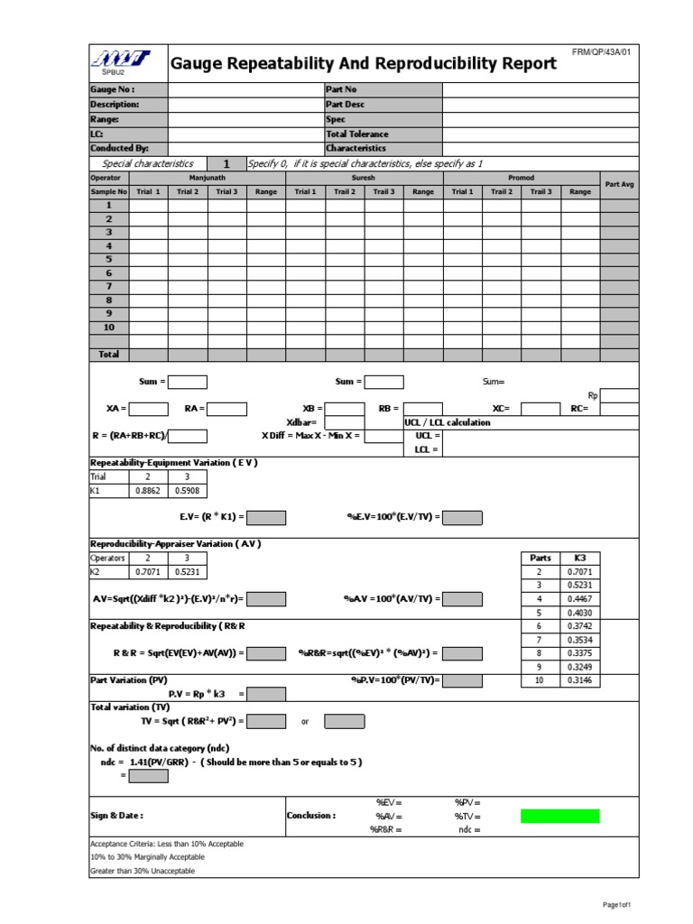 Gauge Repeatability and Reproducibility Report | PDF | Teaching Methods ...