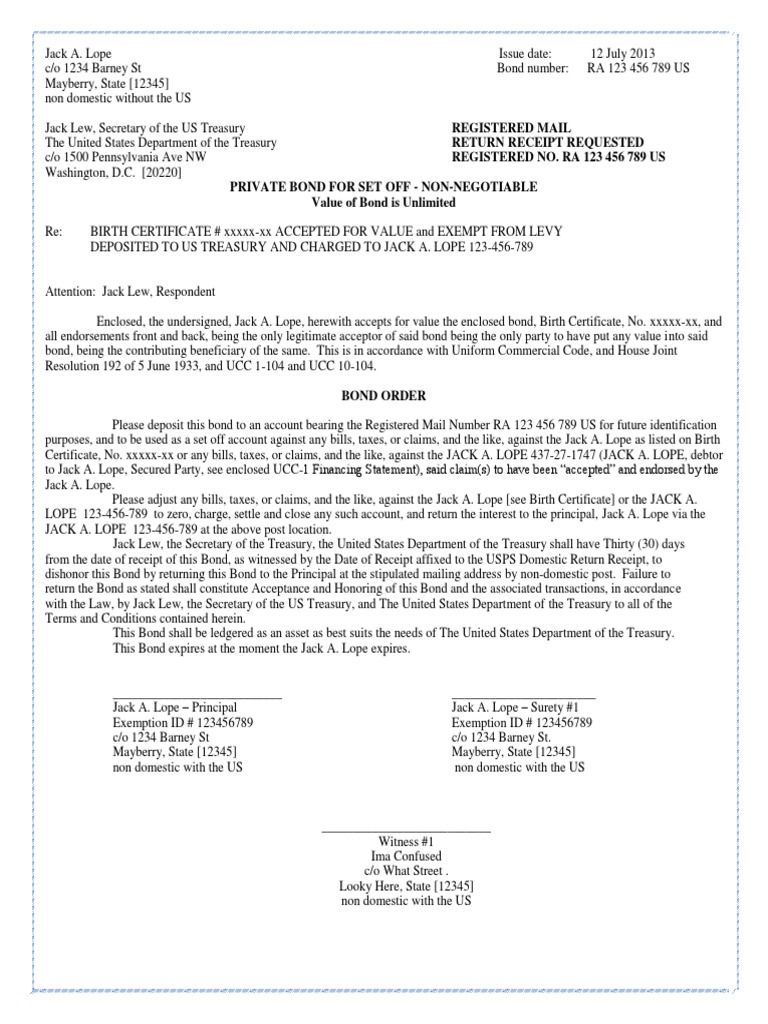 Birth Certificate Bond to Treasury Redacted Uniform Commercial Code
