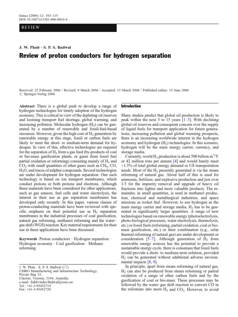Review of Proton Conductors For Hydrogen Separation PDF Electrical