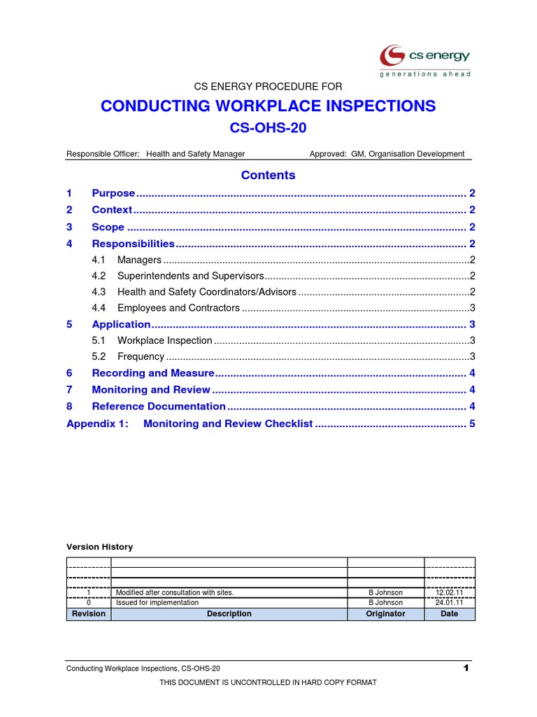 SOP Workplace Inspections Occupational Safety And Health Safety