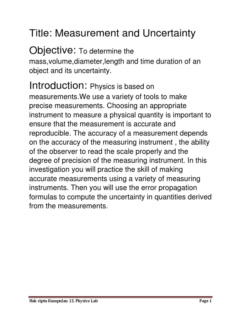 Lab Report Physics Measurement And Uncertainty Pdf Uncertainty