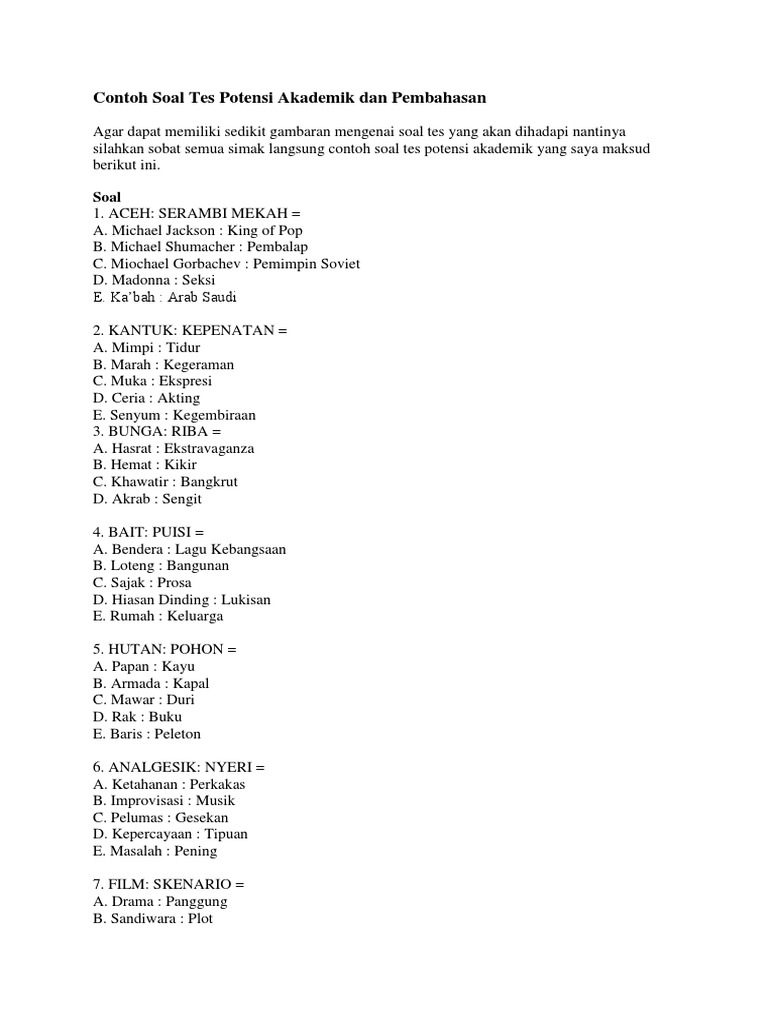 Contoh Soal Tes Potensi Akademik Kesehatan Barisan Contoh